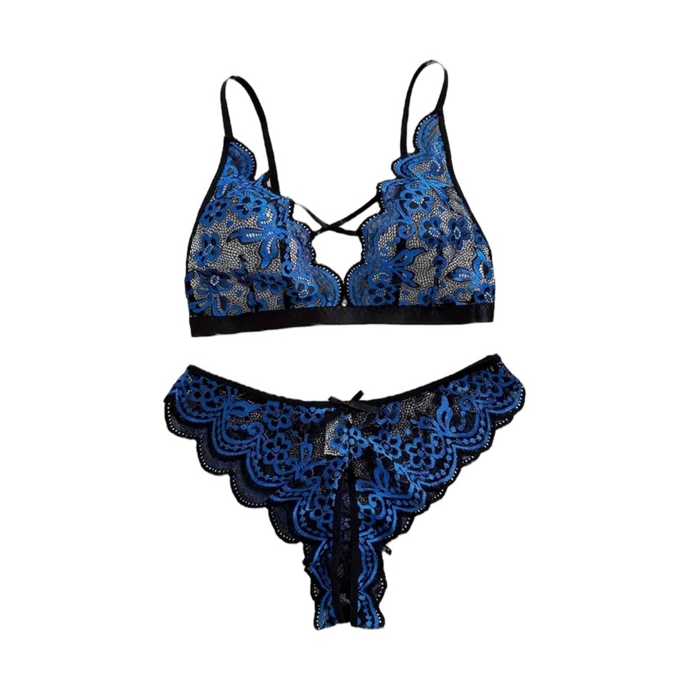 Women’s Black Lace Bra & Panties Set w/ Blue Floral Accents NEW